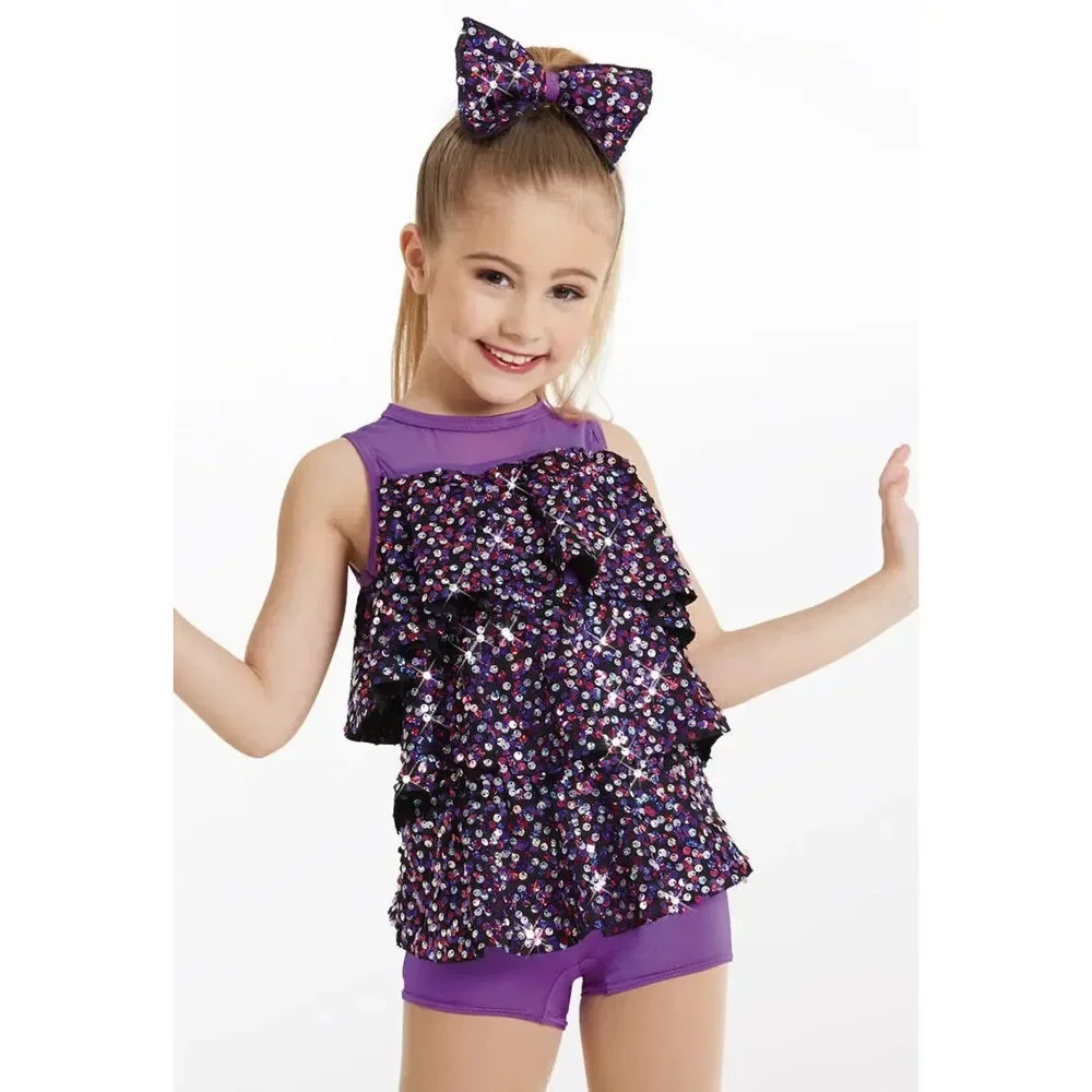 Pre-Owned Dance Costume Weissman 11988 Int Child Purple Ruffles Jazz Sequin